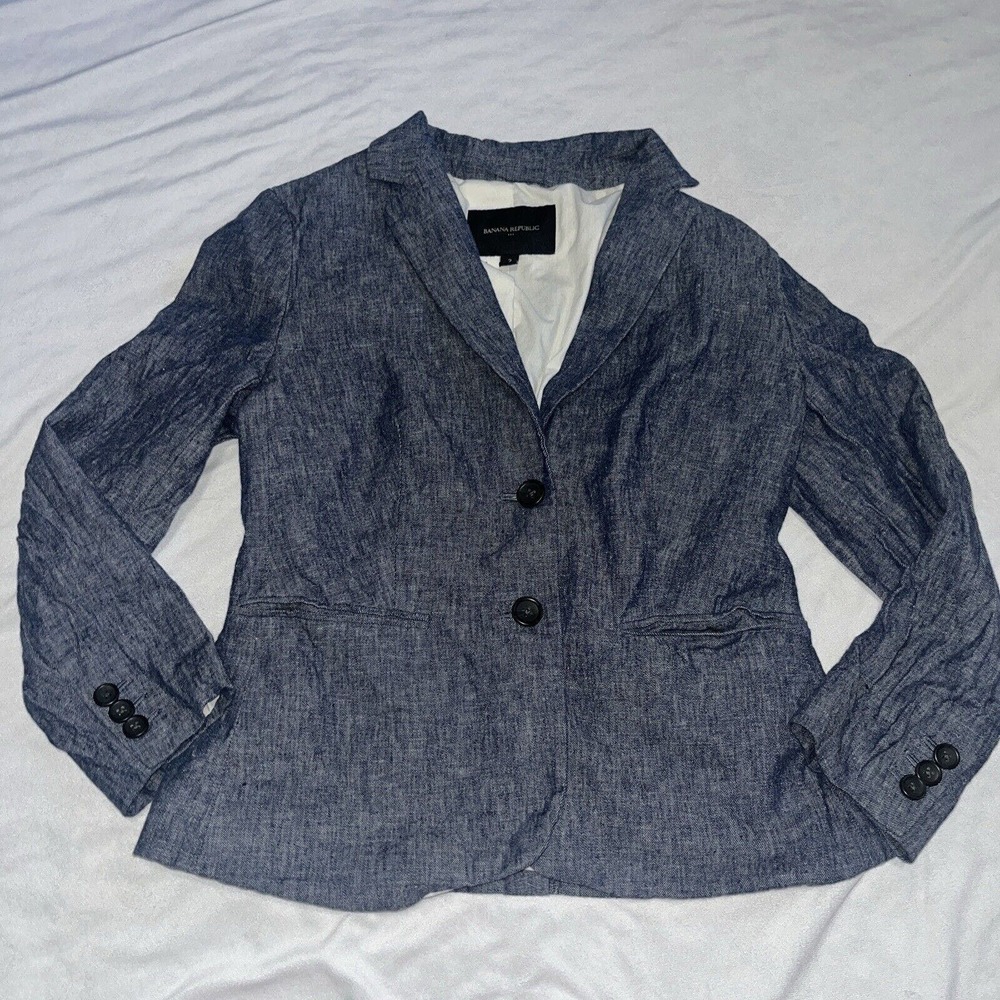 Banana Republic Sz 2 Linen Blend Blue 2 Button Blazer